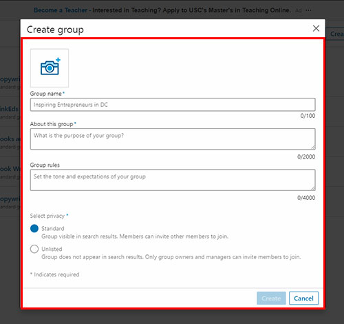 Screenshot of LinkedIn showing the dialog box for creating a new group, with placeholders for you to add a logo, group name, privacy setting, description, and rules.