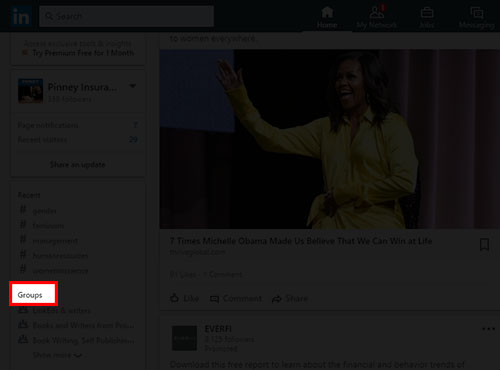 Screenshot of LinkedIn home news feed with Groups link highlighted on the left side of the feed.