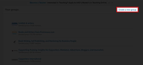 Screenshot of LinkedIn showing the listed groups the user is a member of, plus the button to create a new group.